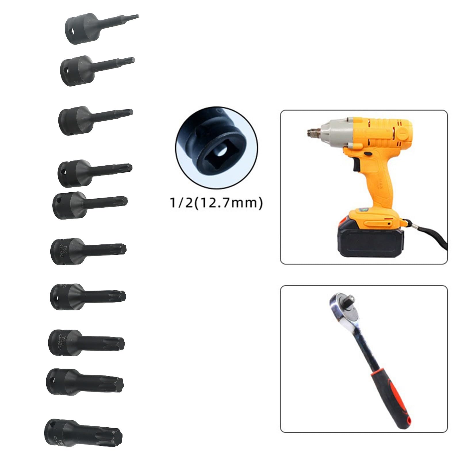 Set di chiavi a bussola da 1/2" Torx Star Bit T20-T80, in acciaio cromato, kit da 10 pezzi per riparazione auto