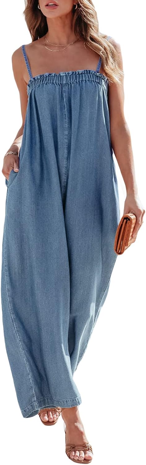 ICNGLKSND Women 's Casual Loose Denim Bib Overalls Wide Leg Jeans Pants Jumpsuits Sleeveless Baggy Overall Summer