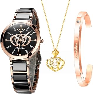 Watches for Women Set Japanese-Quartz Movement Necklace Heart Jewelry Set Waterproof 100FT Analog Ladies Watch with Stainless Steel Accessorize with Bracelets and Necklaces Black