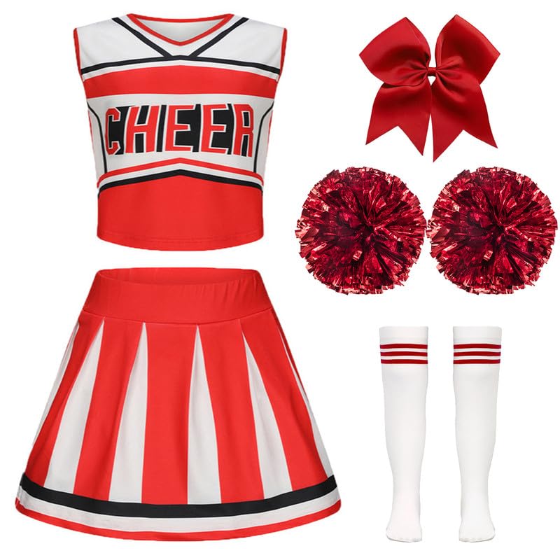Amtum Cheerleader Outfit Kids Cheerleader Fancy Dress Uniform High SchoolWith Pom Poms Musical Uniform Outfit,Red-120cm