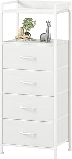 Somdot White 4-Drawer Nightstand - Tall Vertical Fabric Storage Tower, Sturdy Steel Frame & Wooden Top for Bedroom Organization