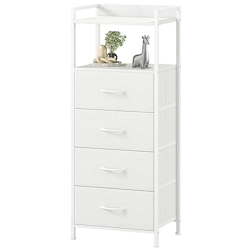 Somdot White Nightstand with 4 Drawers, Vertical Storage Tower Fabric