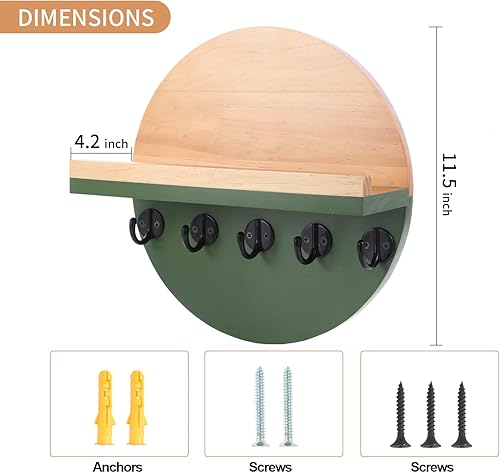 Miniatura 3 de Soporte para llaves y correo para decoración de pared, colgador de llaves bohemio de madera con estante, diseño circular único de dos tonos para