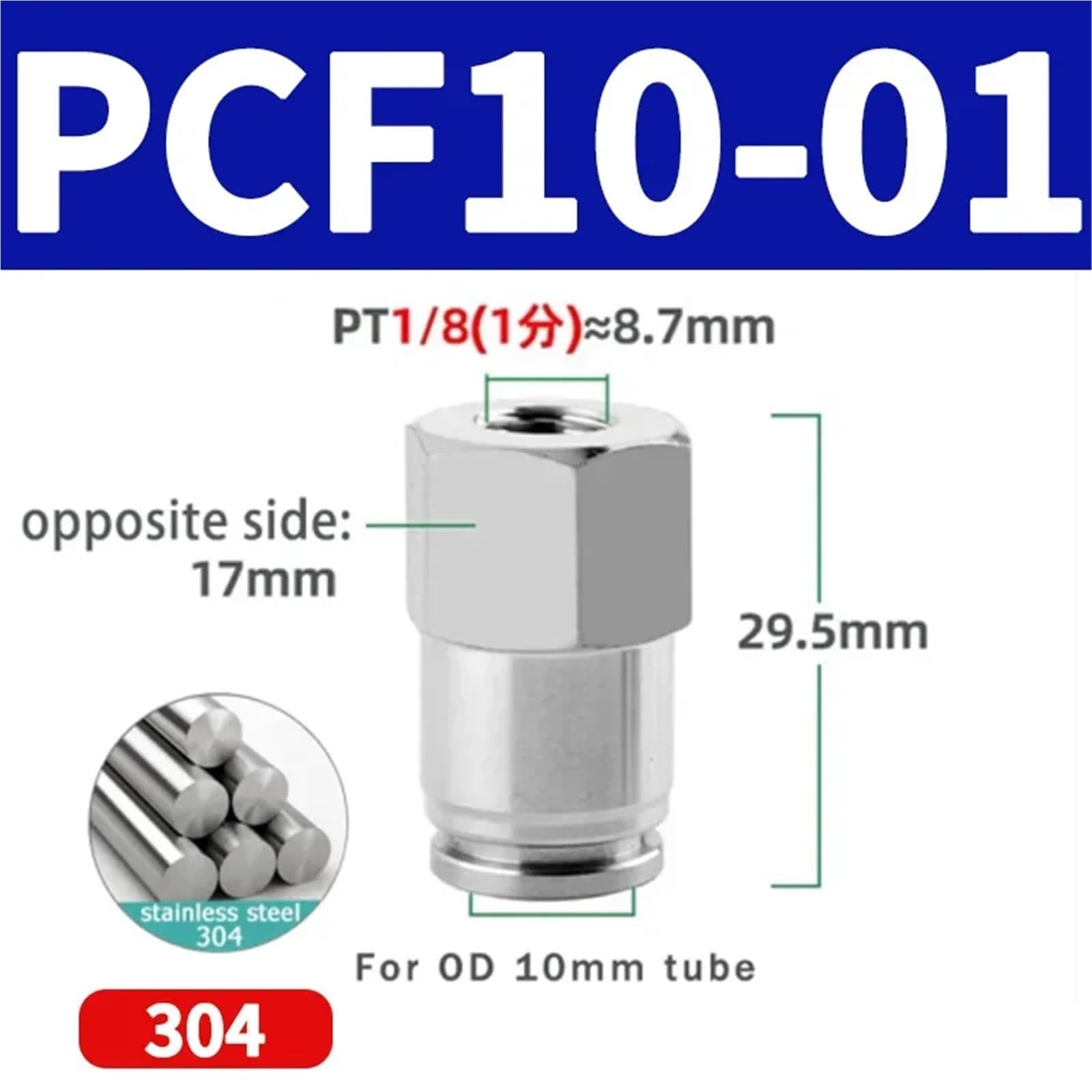 PCF giunto rapido pneumatico 304 filettatura interna in acciaio inox compatibile con tubi dell'aria da 1/8 1/4 3/8 1/2 pollici (4 mm-12 mm) 10 pezzi (PCF10-01)