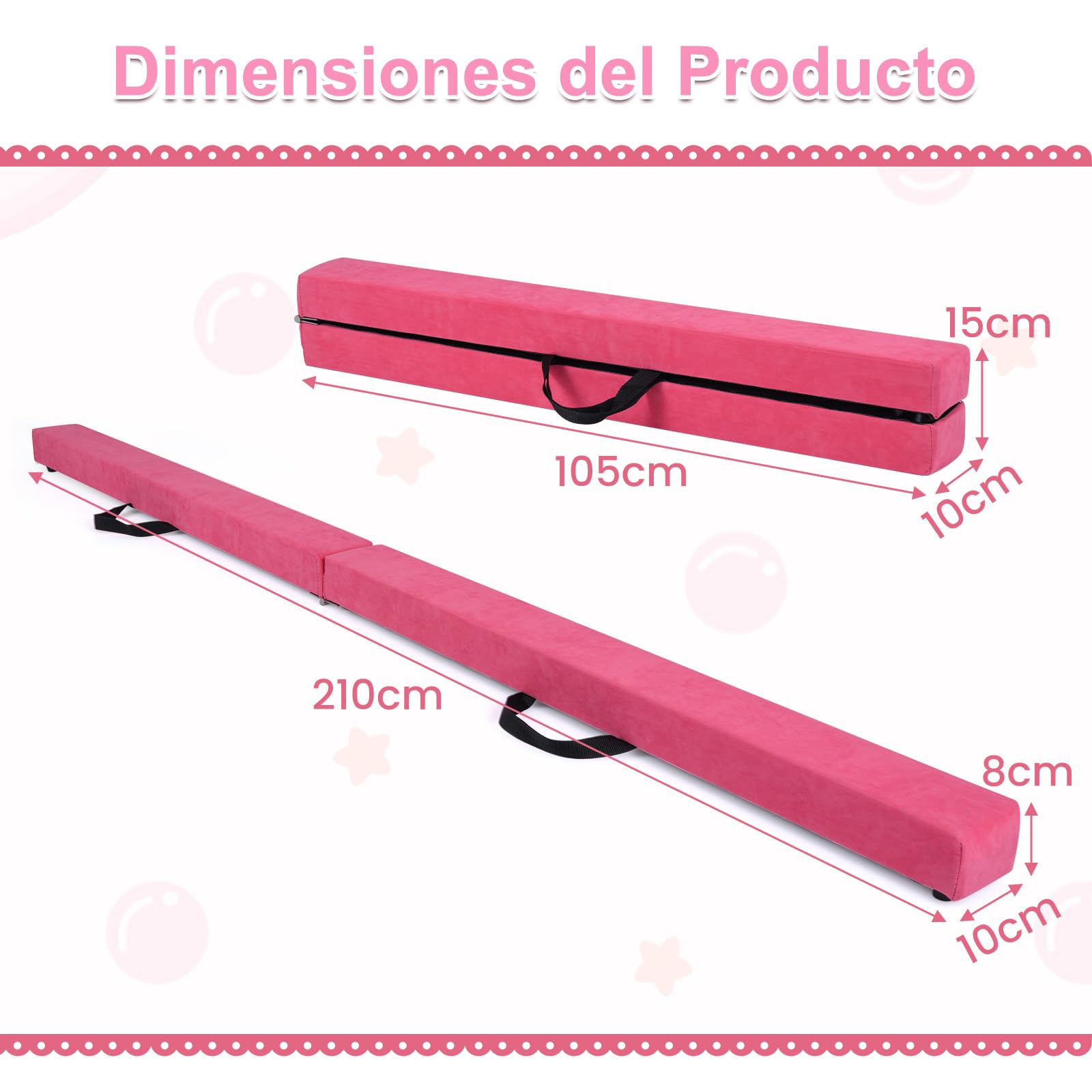 COSTWAY Barra de Equilibrio Gimnasia 210 cm, Viga Plegable con Empuñaduras para Niños