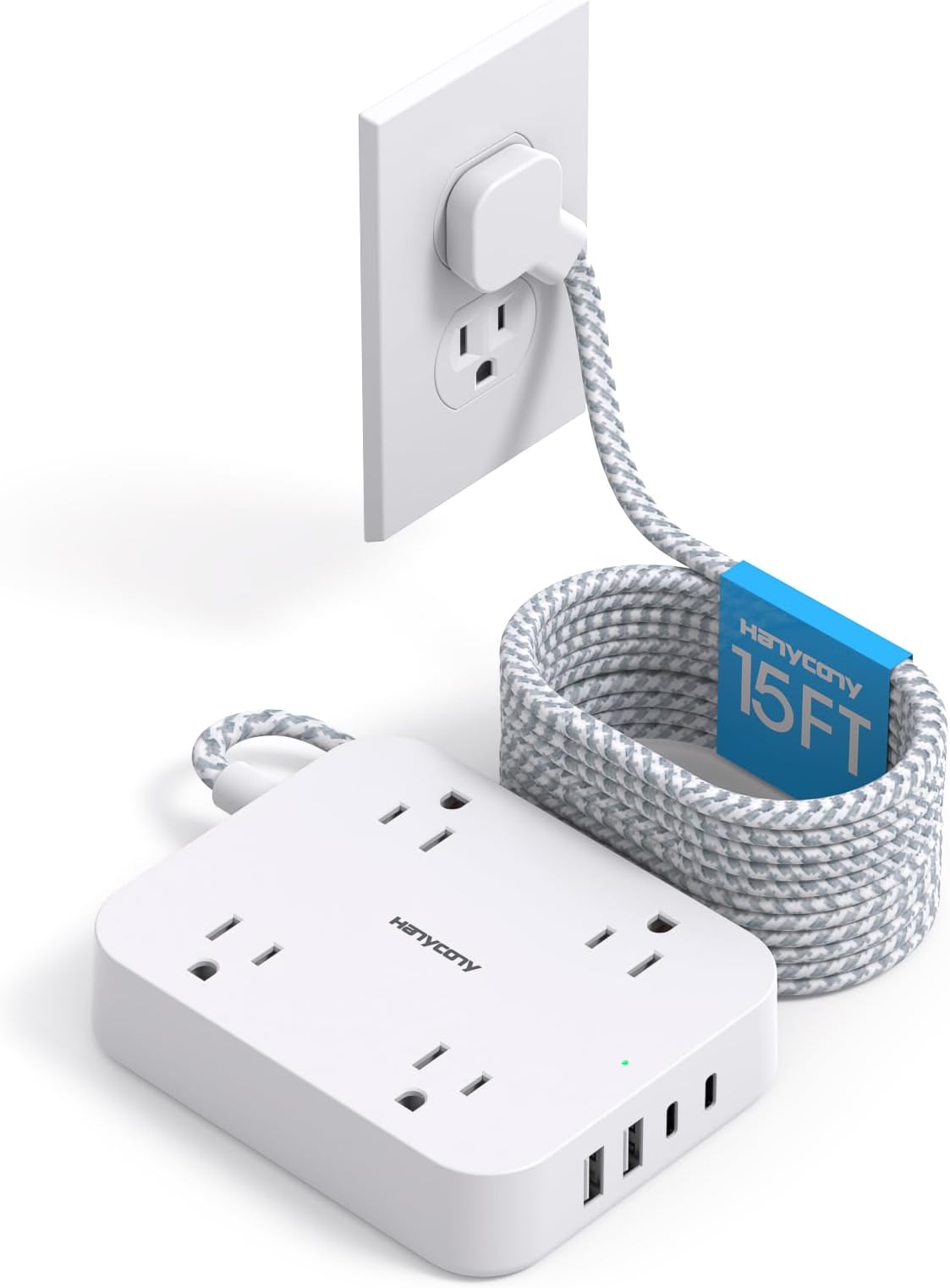 15 Ft Extension Cord, HANYCONY Ultra Thin Flat Plug Power Strip with 4 Outlets 4 USB Ports (2 USB C), Multi Plug Outlet Extender Desk Charging Station for Office Travel Dorm Room Essentials