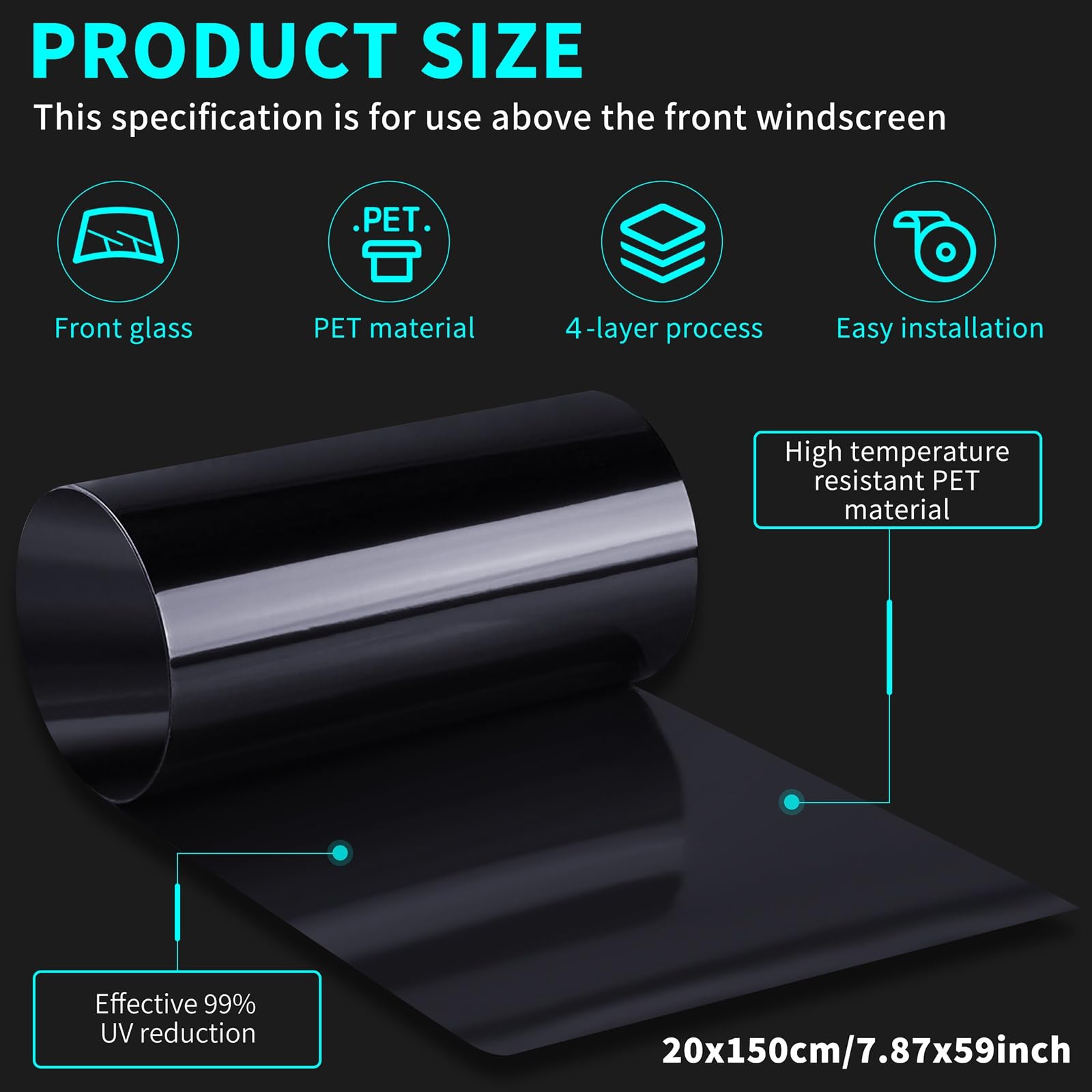 Windshield Tint Strip, 2 Pack Window Tint Car, 5% VLT Sun Shading Heat & UV Protection Windshield Solar Protection Film for Cars, Include 2 Squeegee, 59.06 x 7.87 Inch