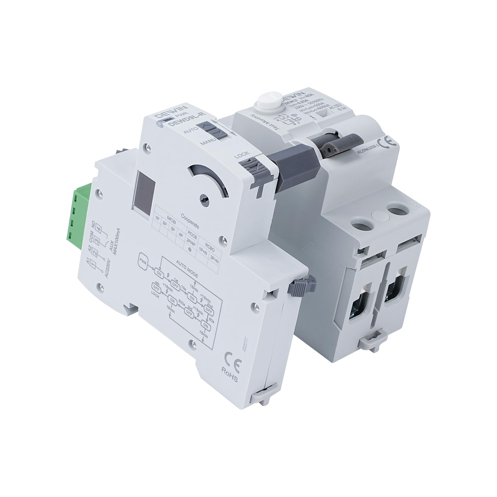 Interruttore Magnetotermico Differenziale 2Poli Salvavita con Riarmo Automatico, Differenziale Riarmo Automatico RCCB Interruttore differenziale AC220V 40A 30mA DEWD9L-R