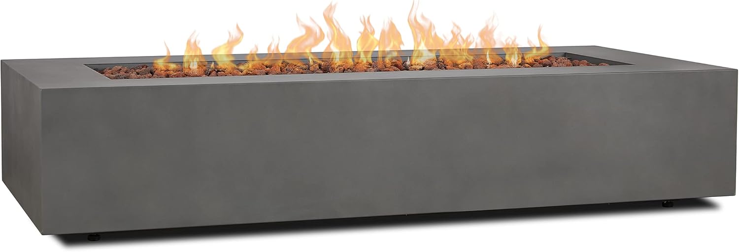 Real Flame Aegean 70in Rectangle Propane or Natural Gas Fire Pit Table, 65,000 BTU, Powder-Coated Steel, Push-Button Ignition, Lava Rock, Storage Cover, Stainless Steel Burner - Weathered Slate