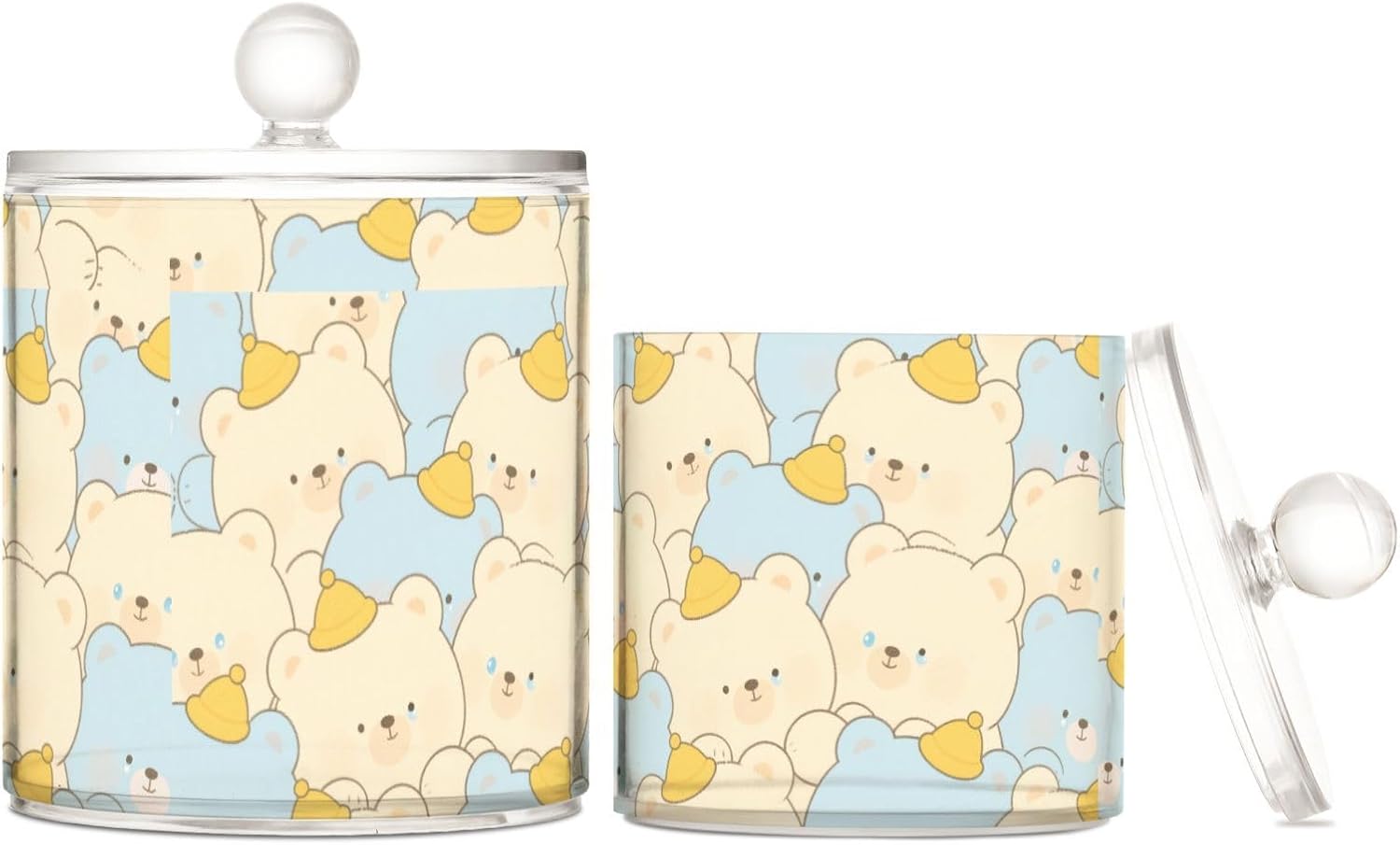 Cute Cartoon Cry Bear Clear Plastic Food Organizer Storage with lid Office Essentials Decorative storage bins for Cotton Swabs,Cotton Pads,Floss Picks,Paper Clips,2 Pack
