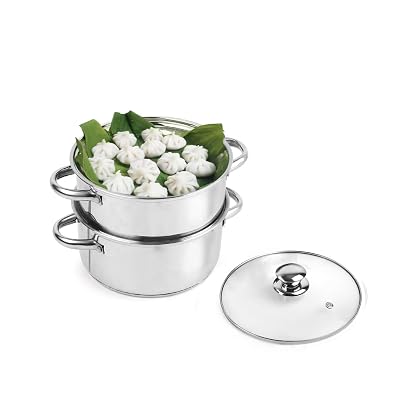 Cello Steelox Stainless Steel Induction Base Steamer with Glass Lid | Dual Compartment Steamer for Pasta, Rice, Momos, M