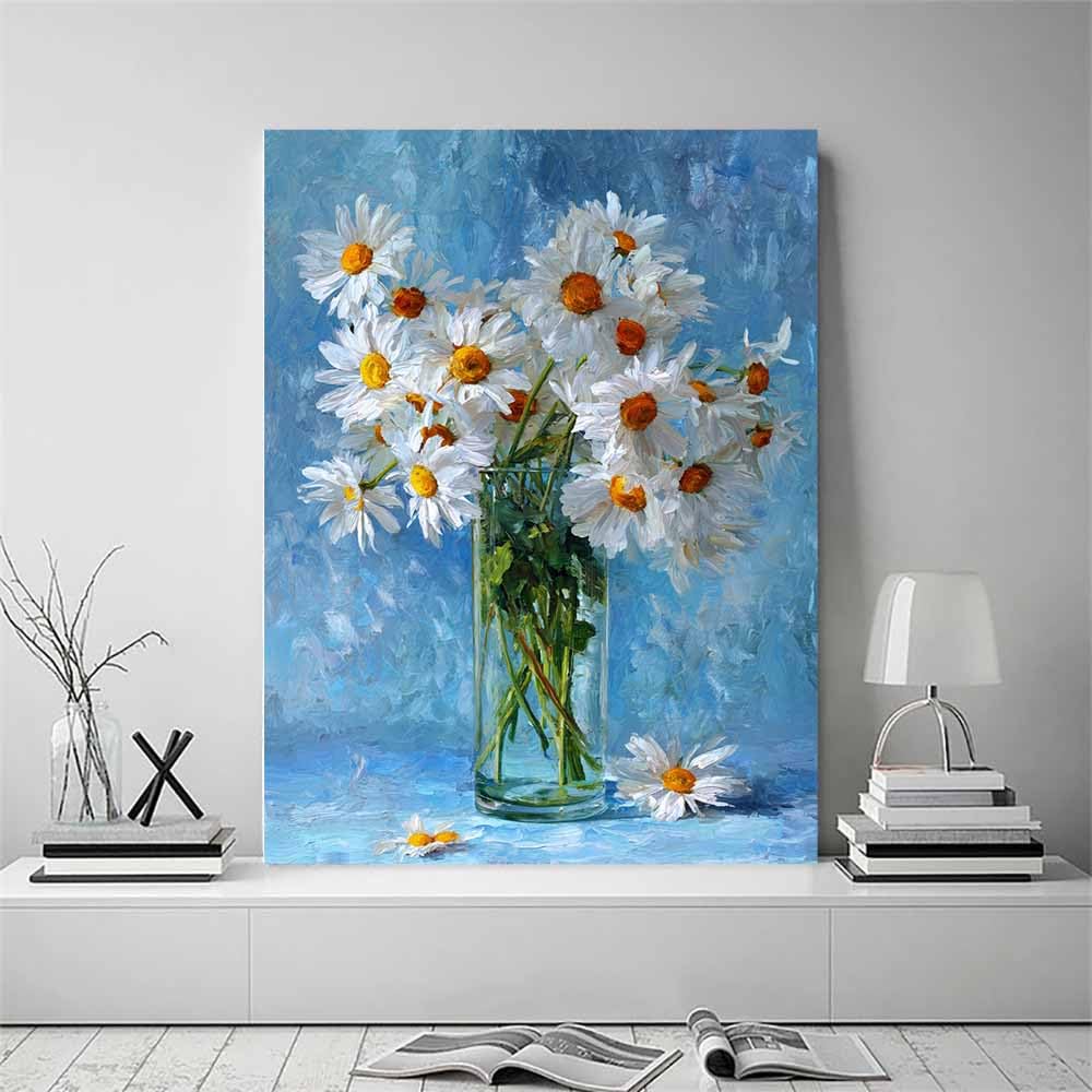 WUFIEA Semplice arte botanica Stampe su Canvas margherita per Camera da Letto Agriturismo Soggiorno Bagno(Rosso bianco)-60x90cm Incorniciato