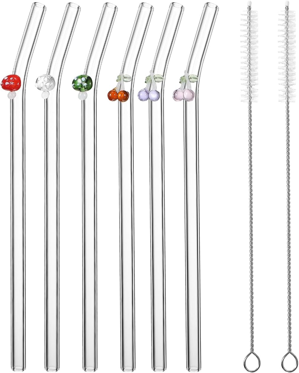 UPKOCH Reusable Glass Straws Set 6 Bent Clear Drinking Straws 7.87 Inch with 2 Cleaning Brushes for Coffee Smoothies Juice Tea Household Use