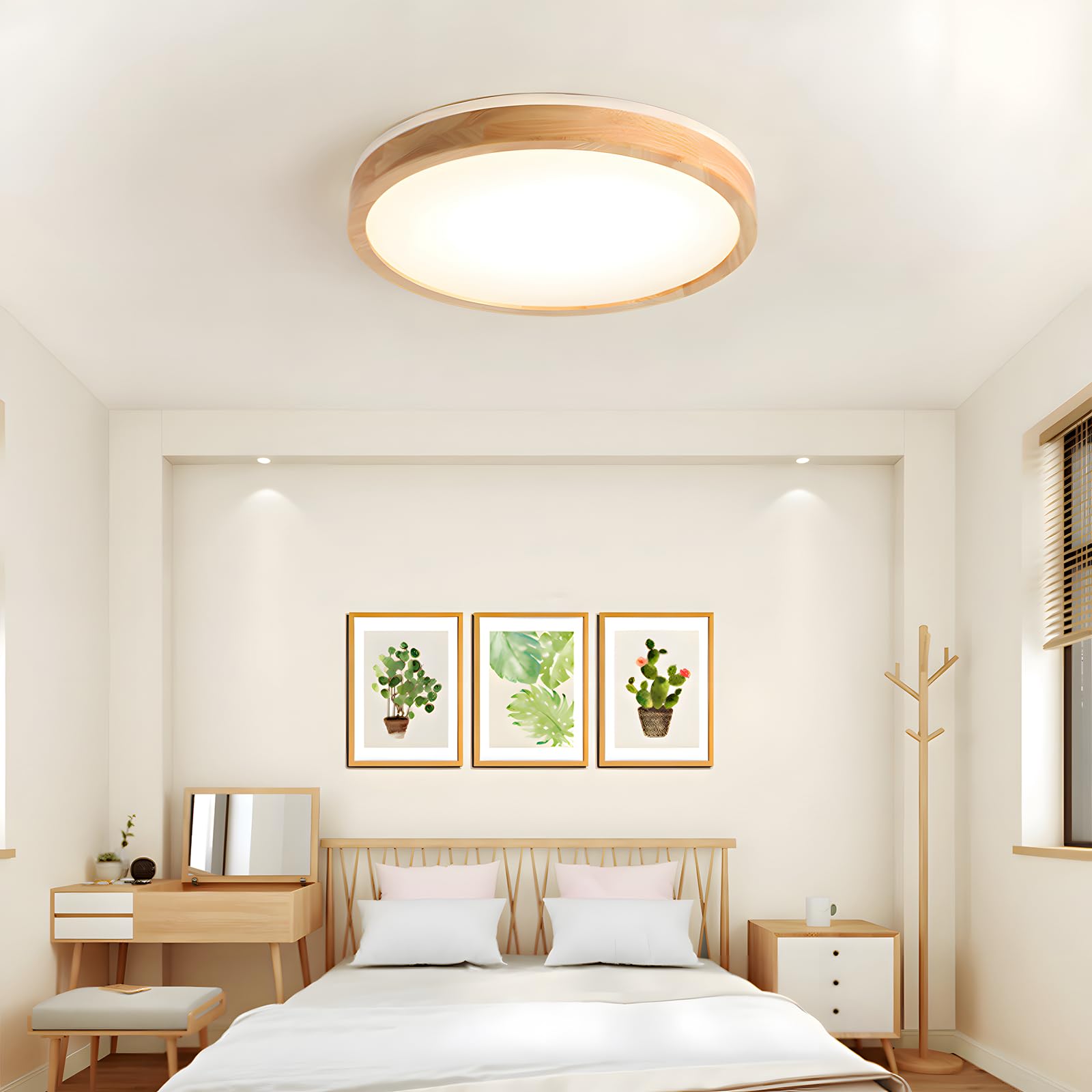 Holz LED Deckenleuchte | Ø40cm 3000-6000K 30W | Runden Oberseite, 360° Leuchtende Natürliche Holzlampe, Schlafzimmer Wohnzimmer Kinderzimmer Küche Esszimmer (Dimmbar Mit Fernbedienung)
