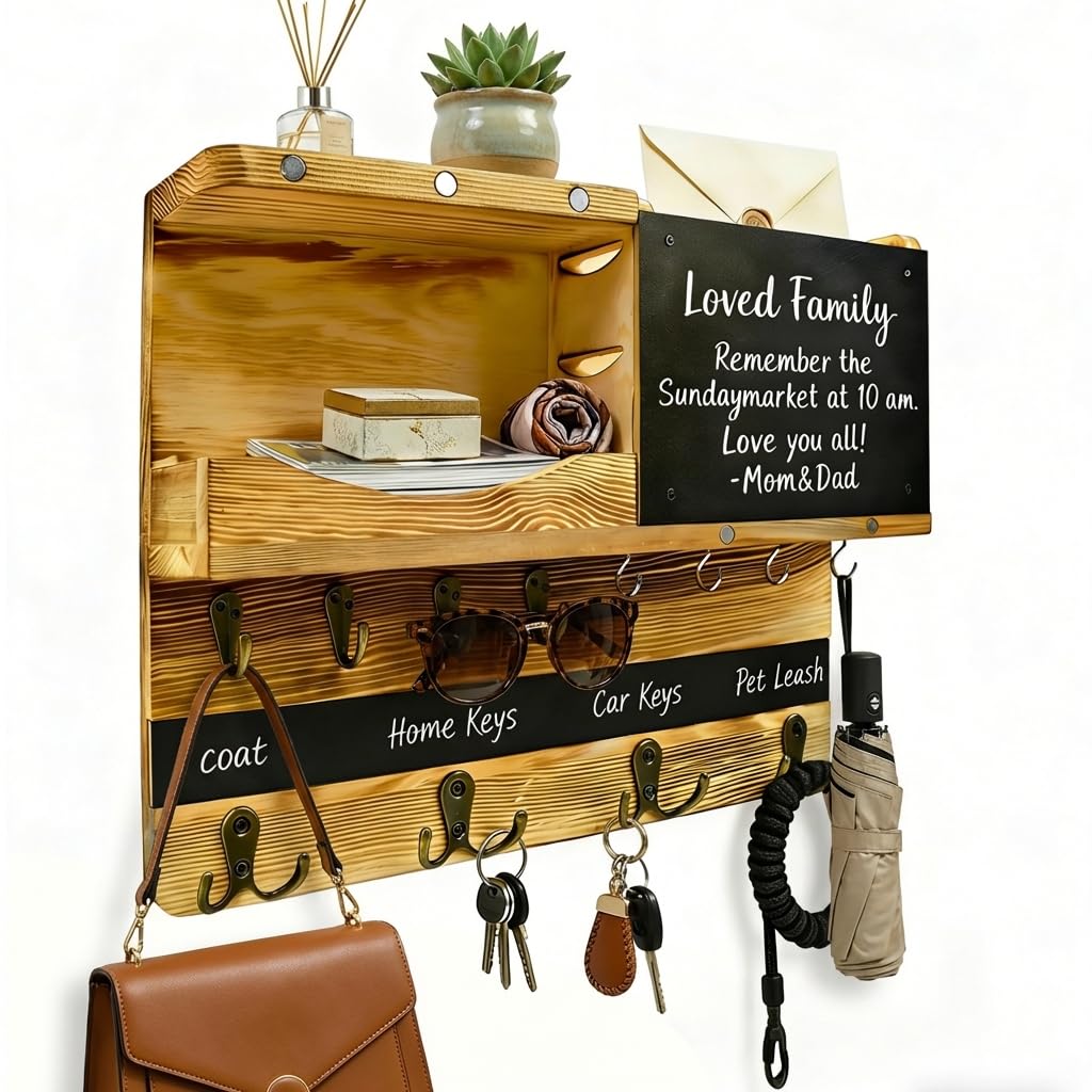 OLRWSLG Key Holder for Wall, Key Hooks Wall Mounted with 12 Hooks, Wooden Mail Organizer Rustic Wooden Keys Rack Hanger with Bulletin Board and Shelf for Home Decor Entryway Mudroom Hallway Office