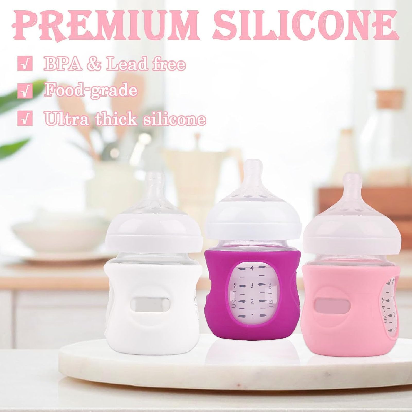 3pcs 4 Oz Silicone Bottle Sleeves, Anti Scalding Baby Bottles Cover Glass Bottle Sleeve for Home Use or Traveling (White+Pink+Purple) - Image 4