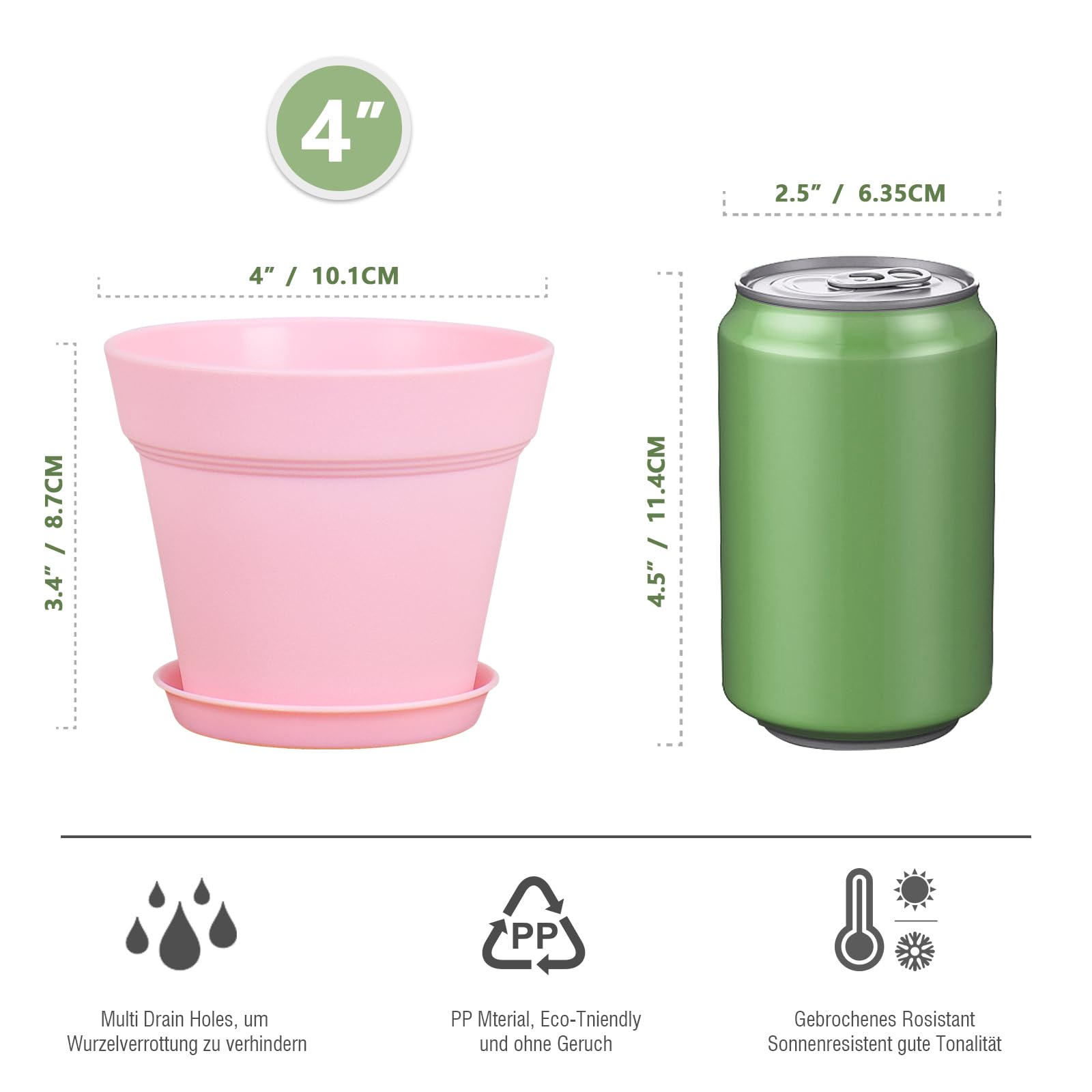 Homeuouz Set di 8 vasi da fiori con sottovaso, 10 cm, in plastica con diversi fori di drenaggio, vaso idroponico, vaso per fiori, ideale per interni e giardini del balcone, bianco