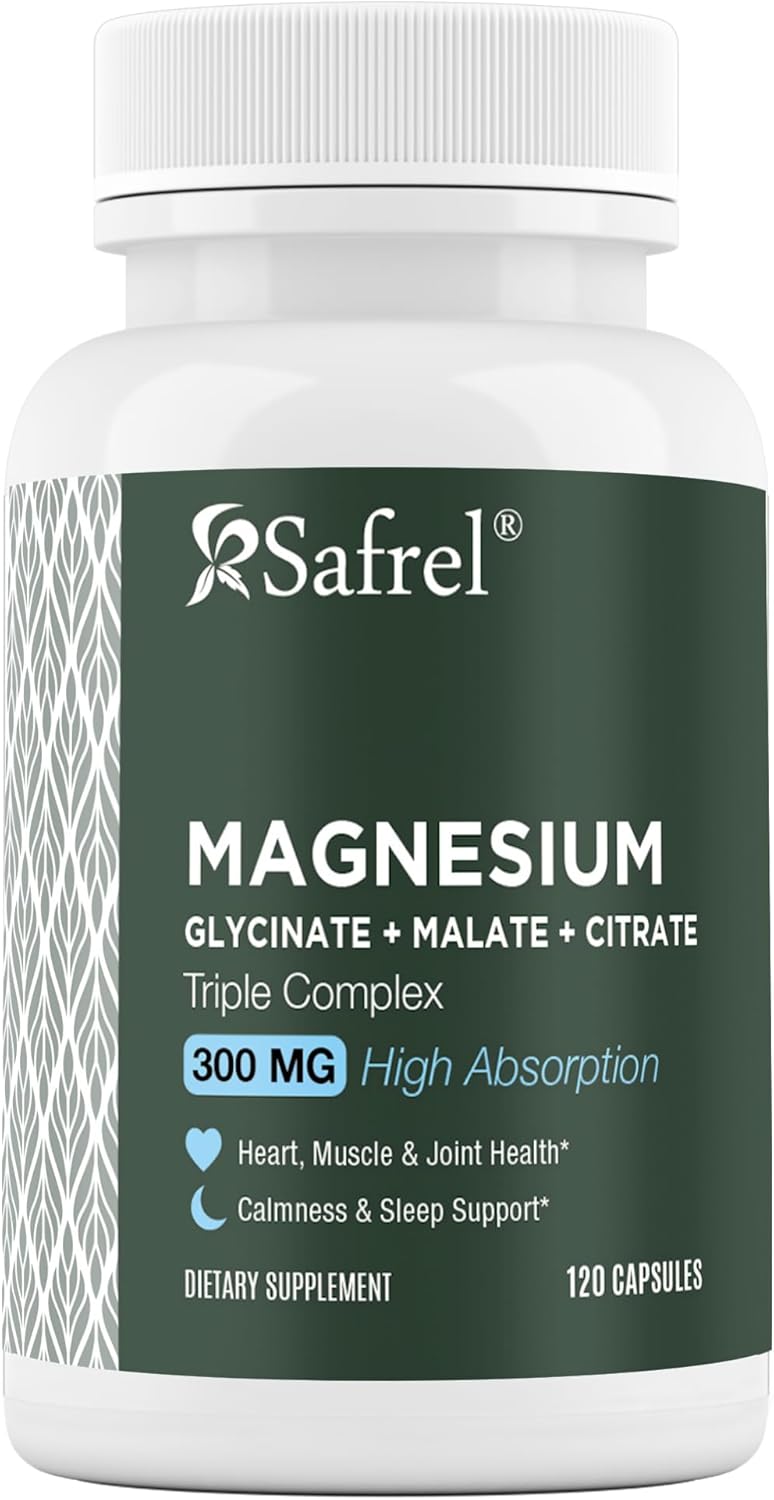 Safrel | Triple Magnesium Complex 300mg | Magnesium Glycinate, Malate, Citrate | Chelated High Absorption Formula | Vegan, Non GMO, Gluten Free | 120 Capsules