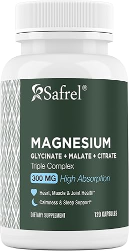 Safrel Complejo triple de magnesio, 300 mg de glicinato de magnesio, malato y citrato, fórmula quelada de alta absorción, vegano, sin OMG, sin