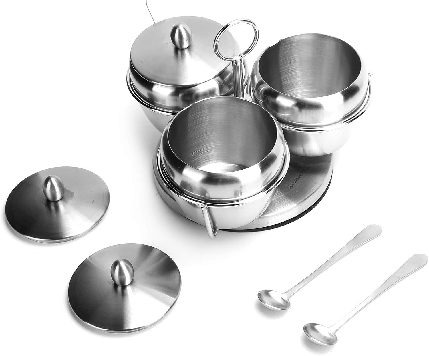 Ymiko Stainless Steel Seasoning Pot Set, Condiment Pot, Salt Sugar Bowl Container with Rotating Storage Rack Lid Spoon for Family Restaurant Kitchen Outdoor Travel Picnics