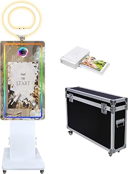 Mirror Photo Booth with 21.5 Inch LCD Touch Screen Portable Magic Mirror Shell Stand Selfie Photo Booth for Wedding Party Event Rental White Machine, photo booth machine + mini printer