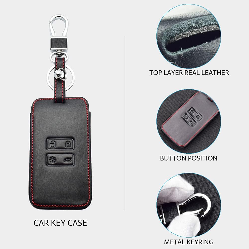HIBEYO Car Key Cover Compatible with Renault Koleos Kadjar Megane 4 Button Car Key Smart Key (only Keyless) Leather Red Stitches Car Key Fob Cover Keychain Key Case Holder Skin Jacket Protector