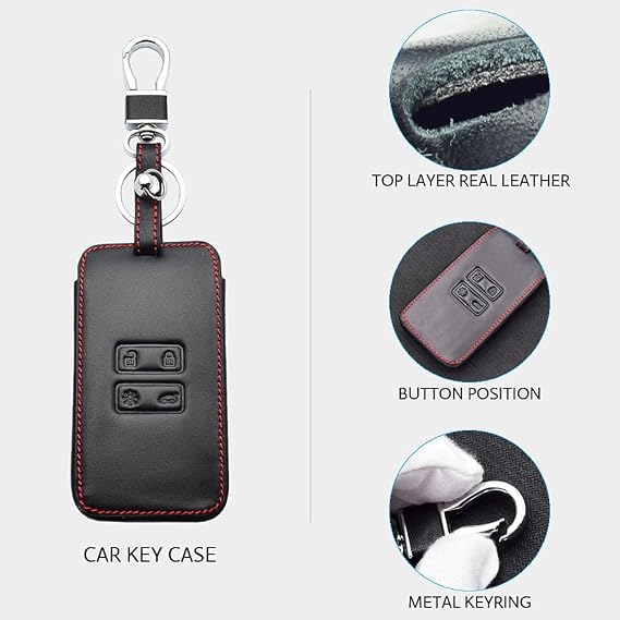 Car Key Cover Compatible with Renault Koleos Kadjar Megane 4 Button Car Key Smart Key (only Keyless) Leather Red Stitches Car Key Fob Cover Keychain Key Case Holder Skin Jacket Protector