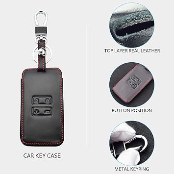 Car Key Cover Compatible with Renault Koleos Kadjar Megane 4 Button Car Key Smart Key (only Keyless) Leather Red Stitches Car Key Fob Cover Keychain Key Case Holder Skin Jacket Protector