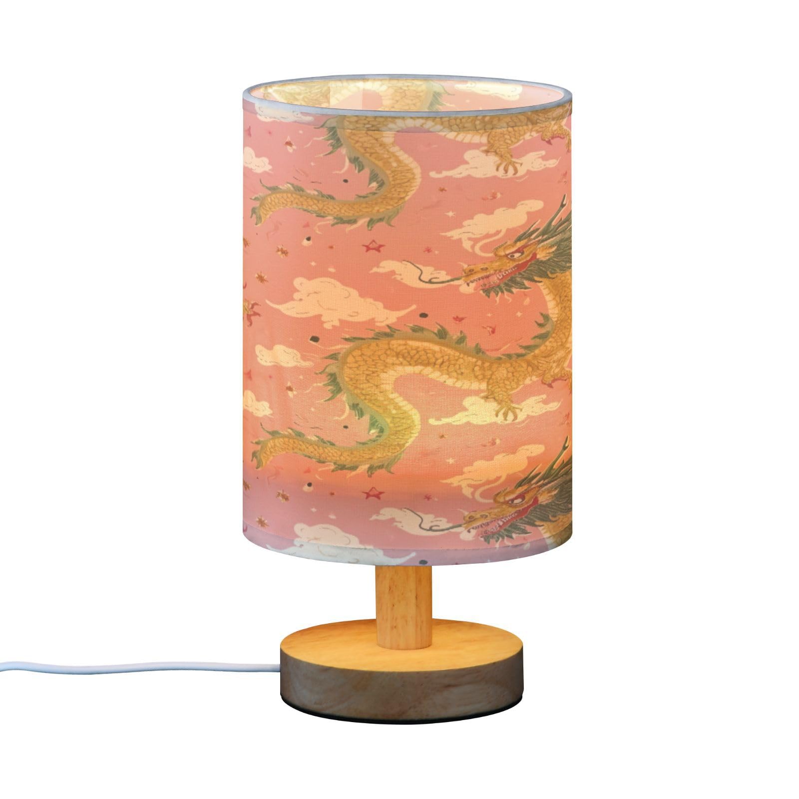 SDMKA Dragons Pink Bedside Table Lamp for Bedroom, Minimalist Nightstand Lamp with Round Fabric Shade for Living Room, Office, No Bulb Required