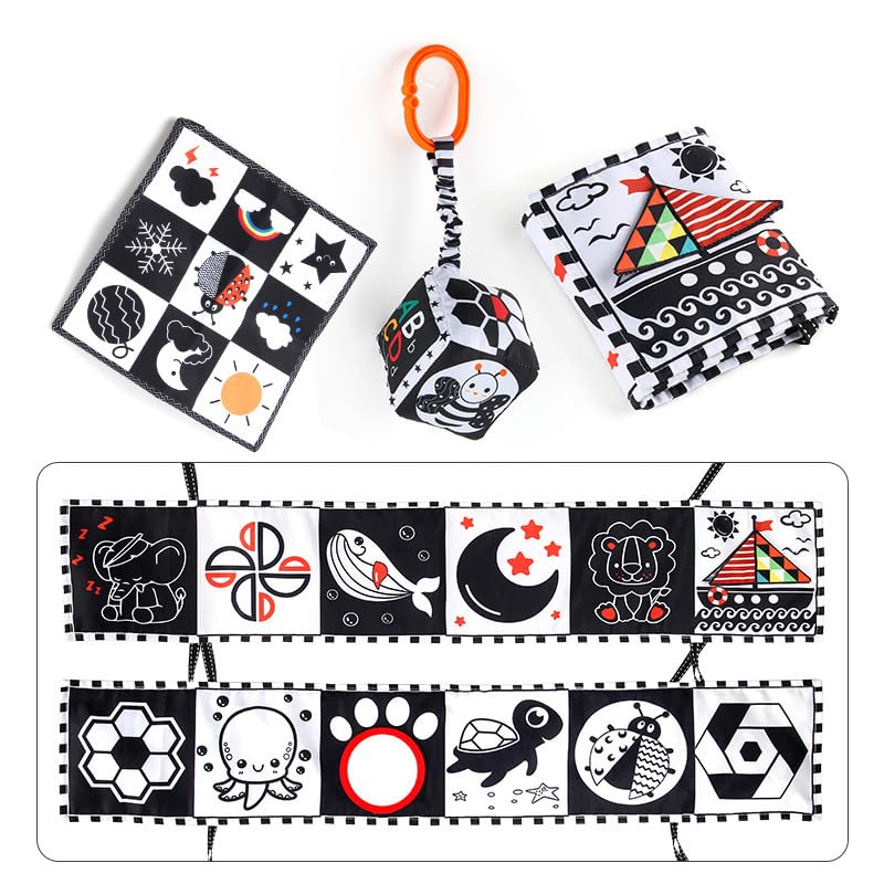 Image of SNOWIE SOFT 3Pcs Cloth Books for Babies 0 to 3 Years, Black and White Crib Cloth Book Panel with Mirror, Sensory Toys, Montessori Visual Stimulation Washable Baby Toys for 6 to 12 Months