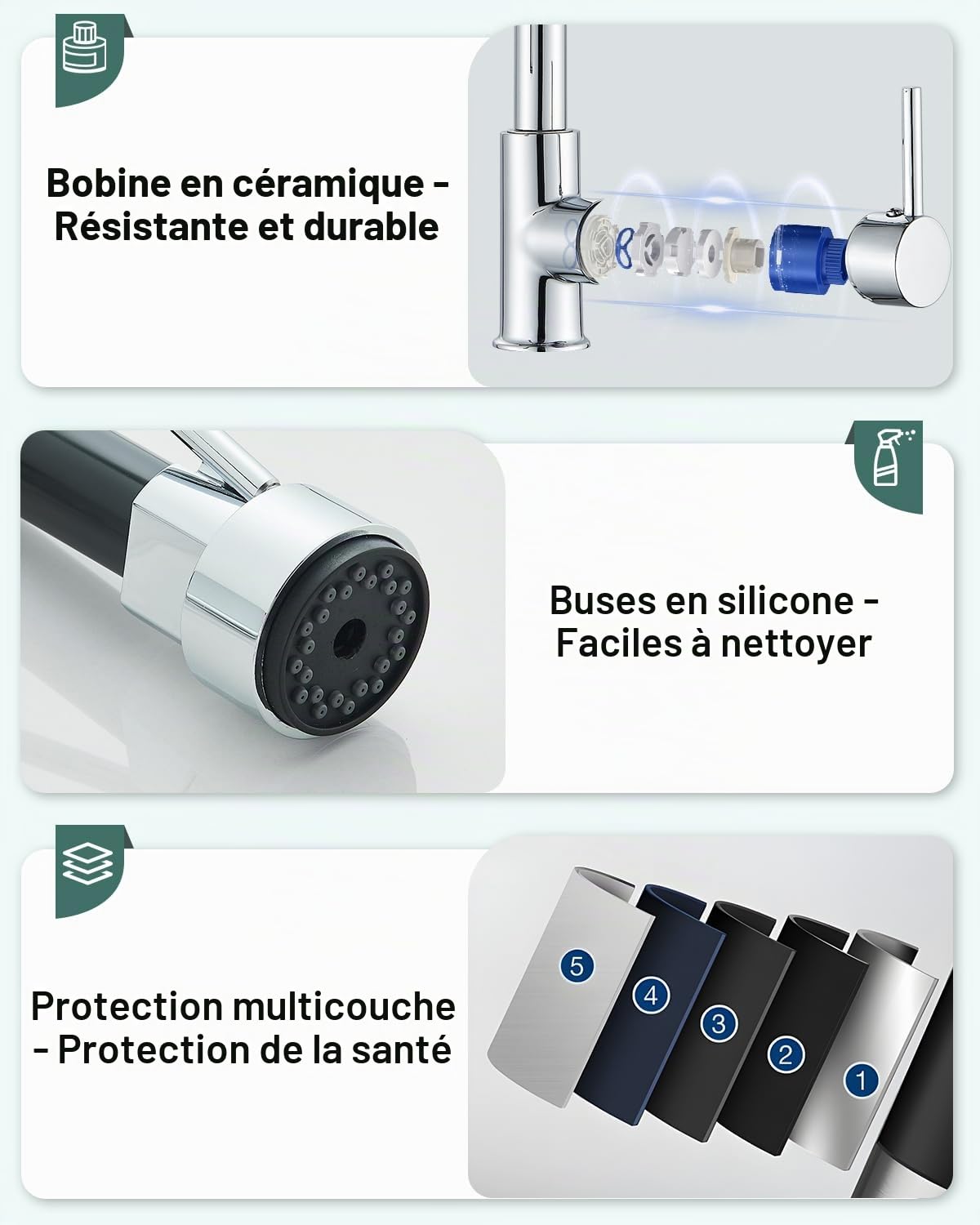 Robinet de cuisine, avec 2 buses, robinet à ressort amortisseur de cuisine, rotation à 360°, standard froid et chaud, laiton chromé.