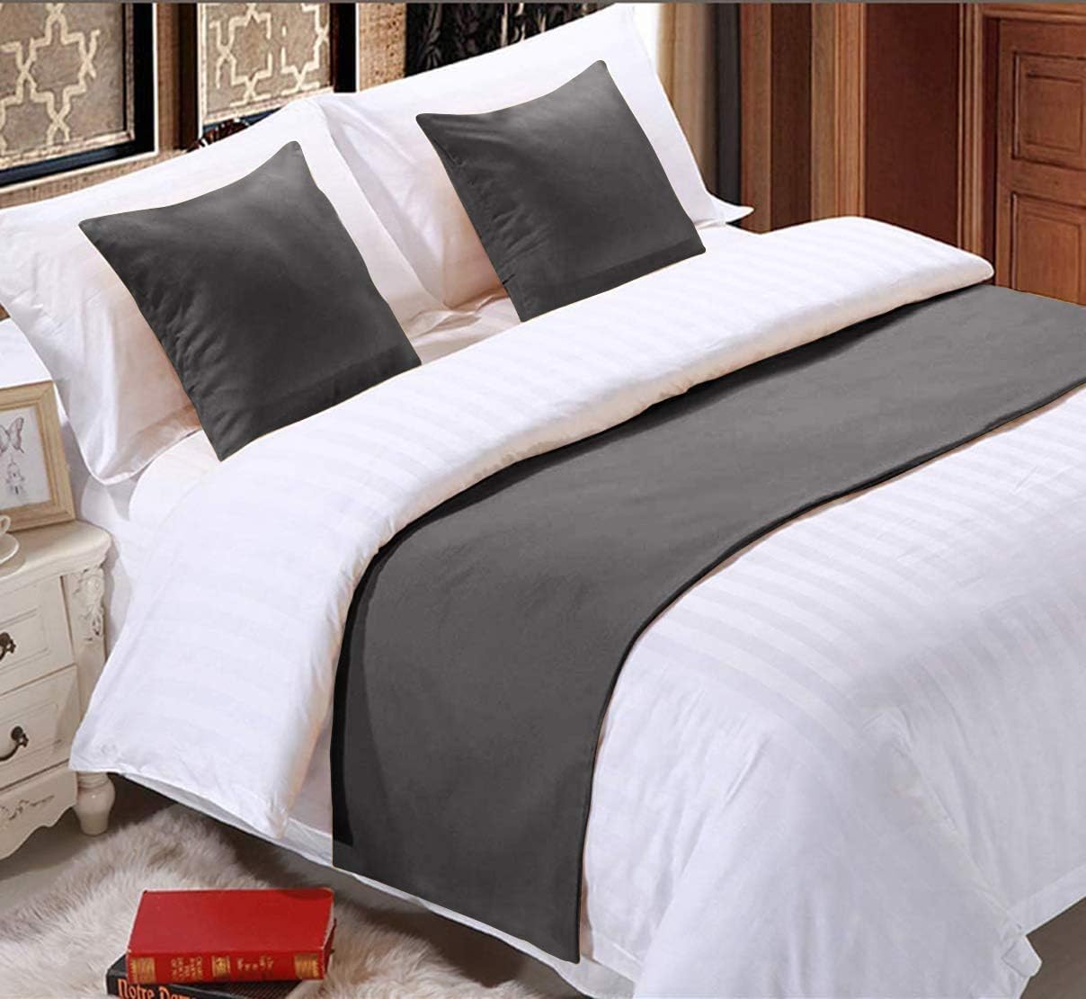 Solid Bed Runner Scarf, King 102"x20", Dark Grey | Protector Slipcover, Decorative Scarf, For Bedroom Hotel Wedding Room