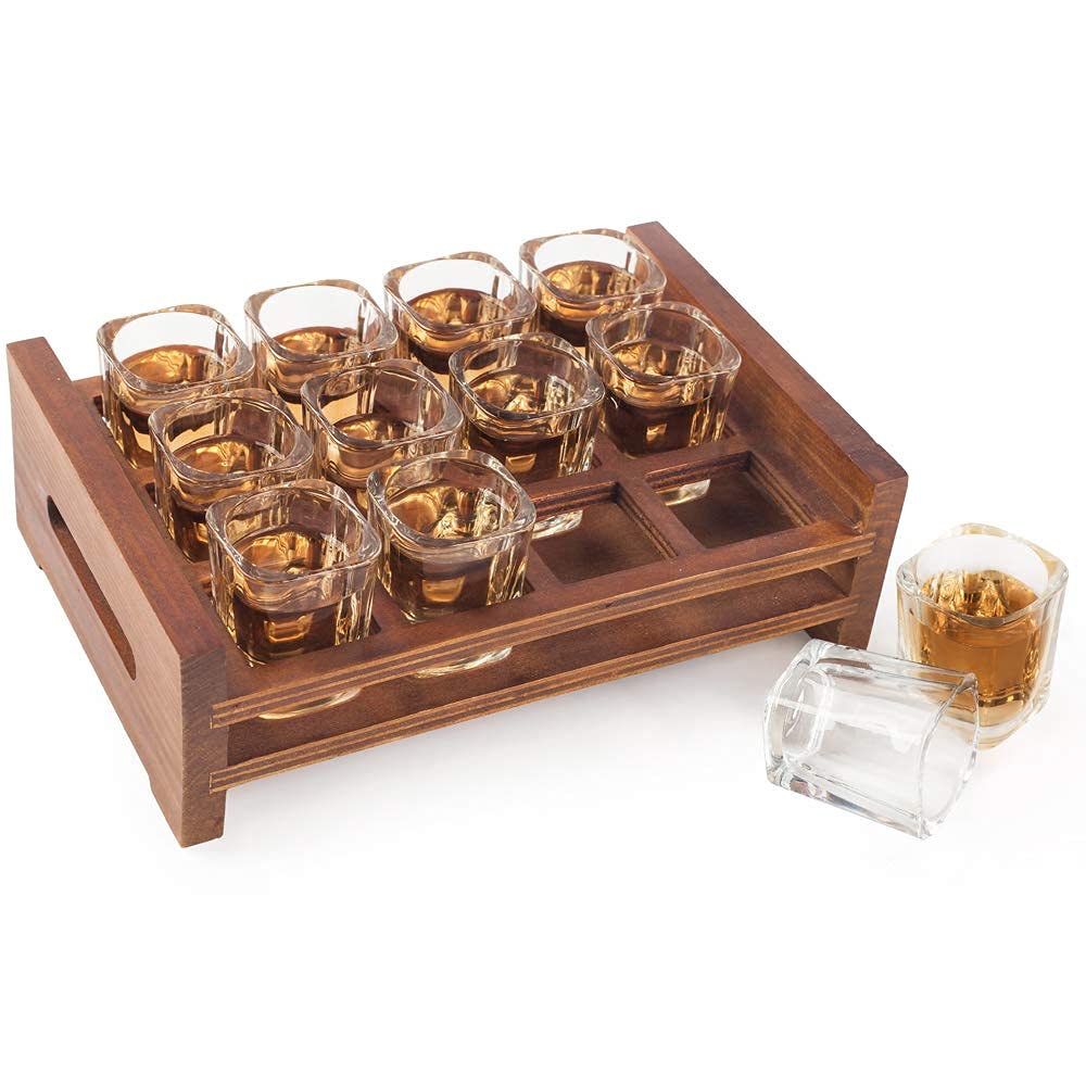 Bluerain My Gift Shot Glass Serving Set Includes 12 Square Shot Glasses and Burnt Brown Wood Slotted Server Tray-image-4