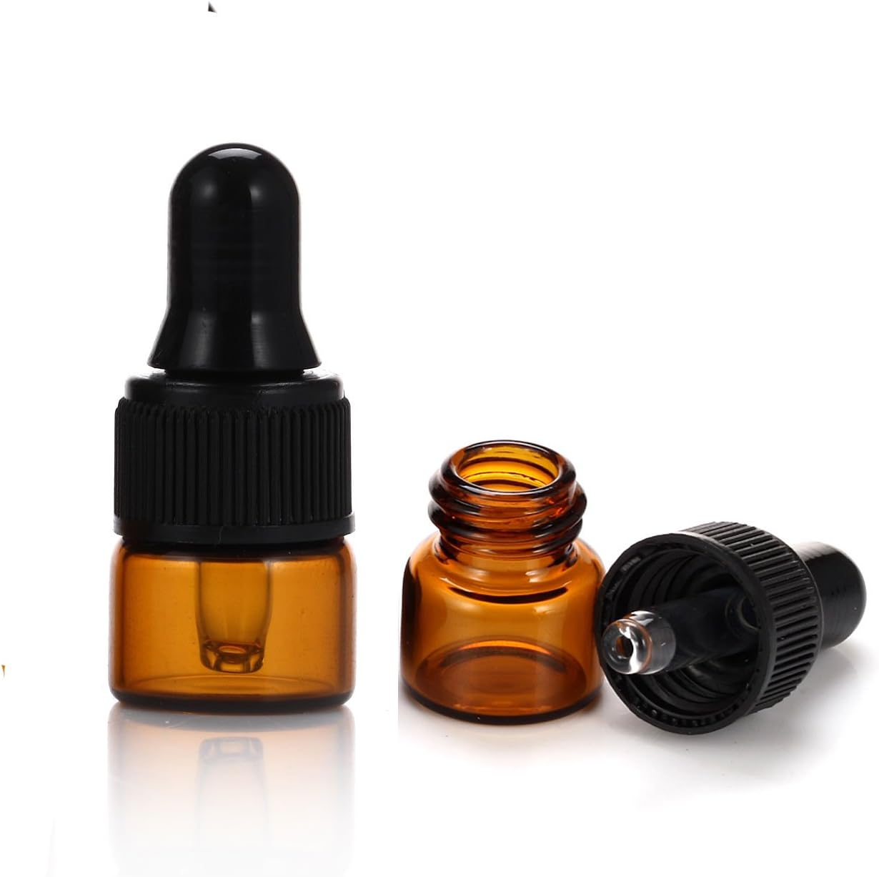 50pcs 1ml (1/4 Dram) Amber Mini Glass Bottle 1cc Amber Vial Small Essential Oil Sample Travel Bottle with Eye Dropper + 1pc Clean Cloth + 1pc 1ml dropper