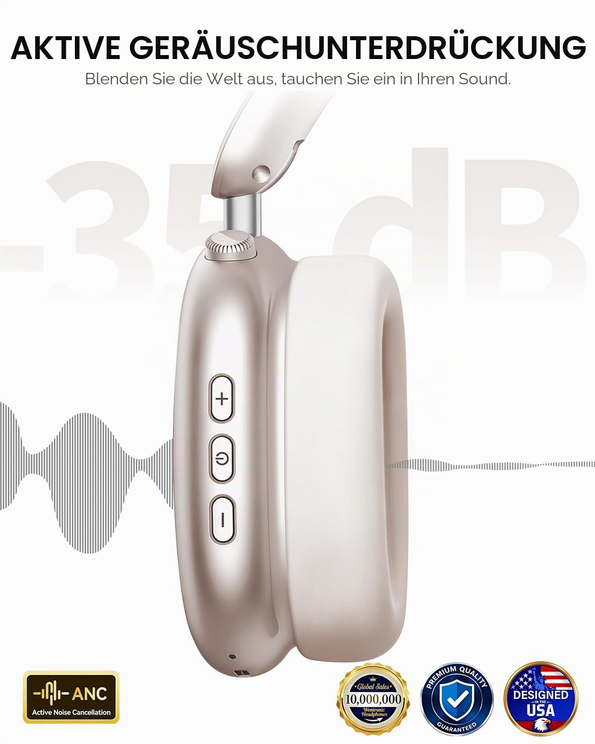 Wentronic Y02 Aktive Noise Cancelling Kopfhörer,60 Std.5 EQ-Musikmodi,Hi-Res-Audio,Tiefe Bässe,faltbares kabelloses Over-Ear-Bluetooth 5.4-Headset,atmungsaktive Leder-Ohrpolster (Sternenlicht)