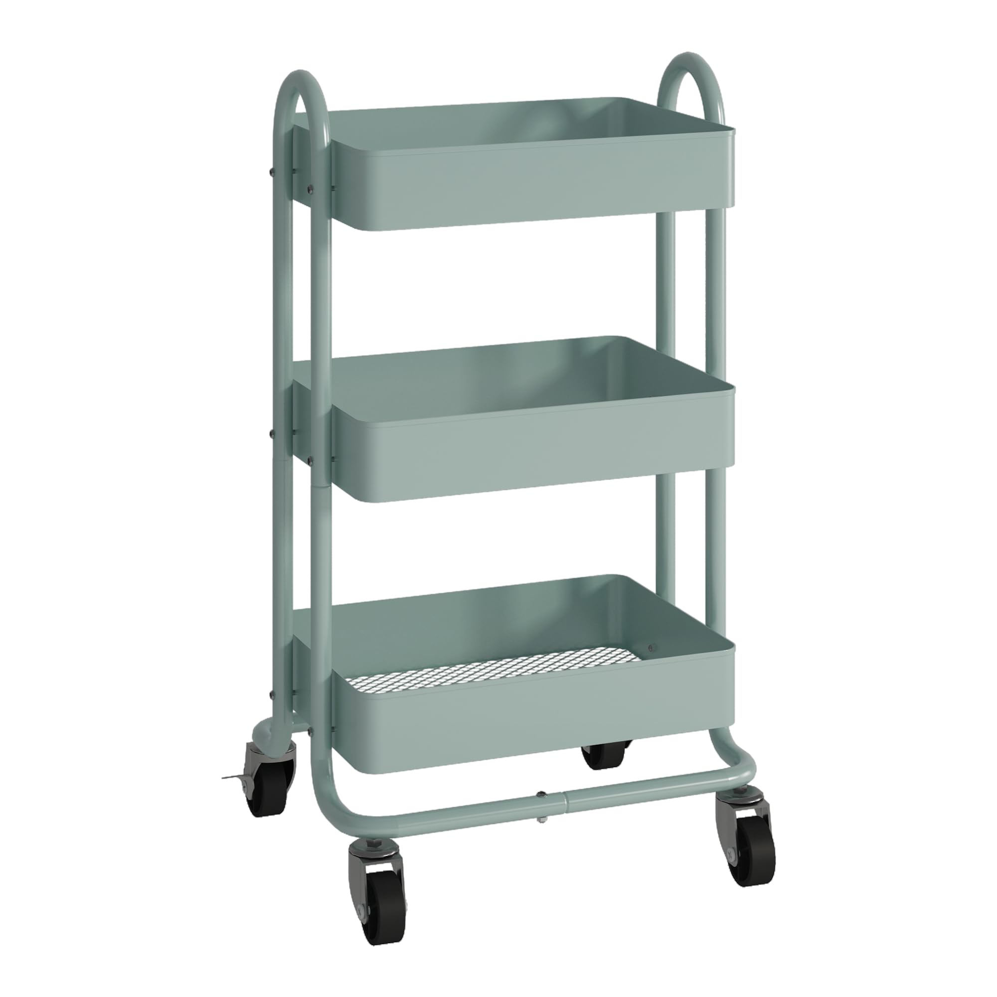 [en.casa] Carro de Servicio con 3 Cestas Estantería de Baño con 4 Ruedas Carrito de Cocina Multiusos Versátil Resistente Acero 79 x 46 x 35 cm - Verde Menta