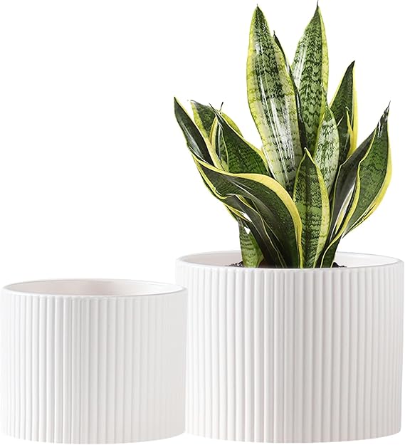 Matte Black Ceramic Plant Pots, 8.1 + 6 Inch Planters for Indoor Plants, Modern Flower Pots with Drainage, Two-Sizes Set