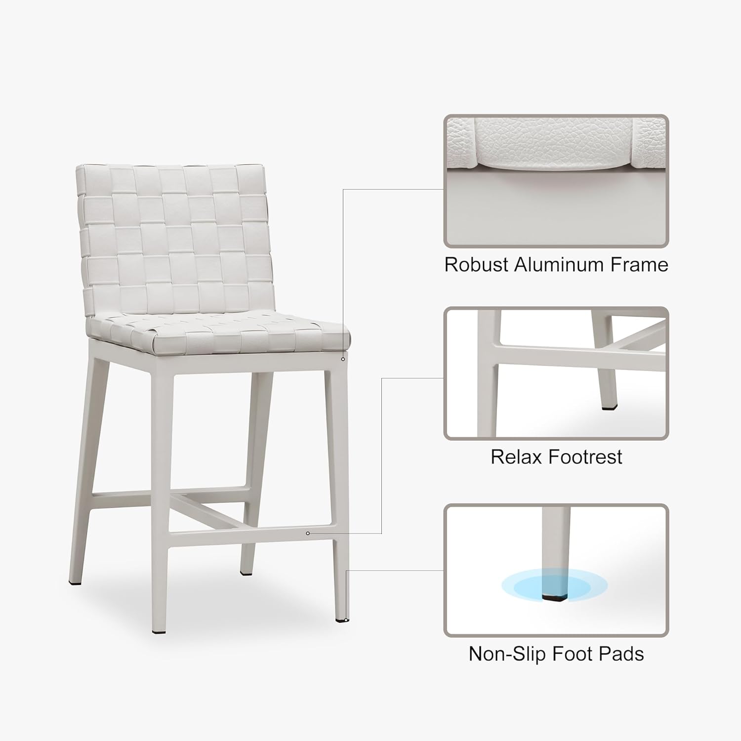 PURPLE LEAF Outdoor Counter Height Bar Stools Set of 2, PU Leather Patio Bar Set with Aluminum Frame, Bar Chairs for Poolside, Garden, Kitchen Island-White
