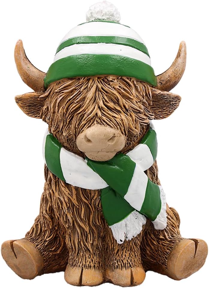 L & P Home & Gifts LP74352 Highland Cow Scarf & HAT, Ceramic, Green & White