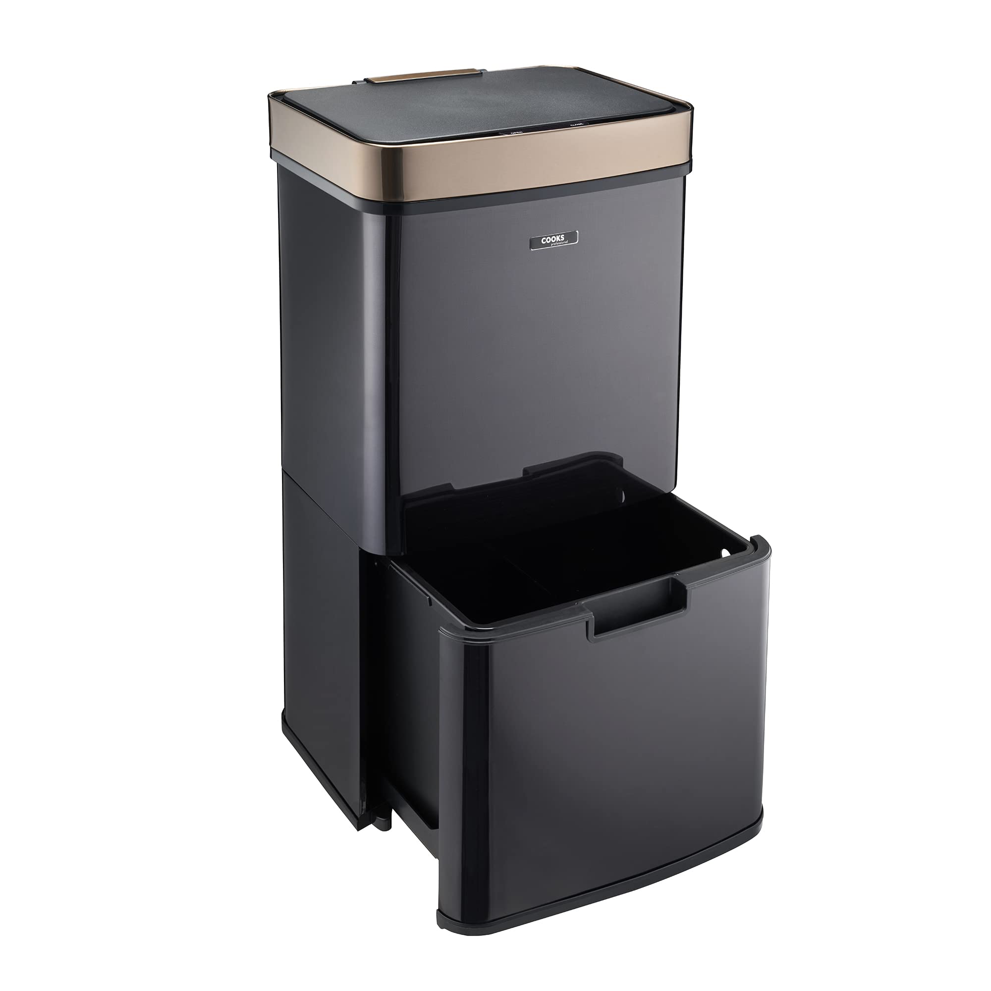 Cooks Professional Recycling Sensor Bin 75L with Dual Compartments and Removable Food Caddy for Kitchen | Smart Automatic Brushed Stainless Steel Bins | Black/Copper — image 1