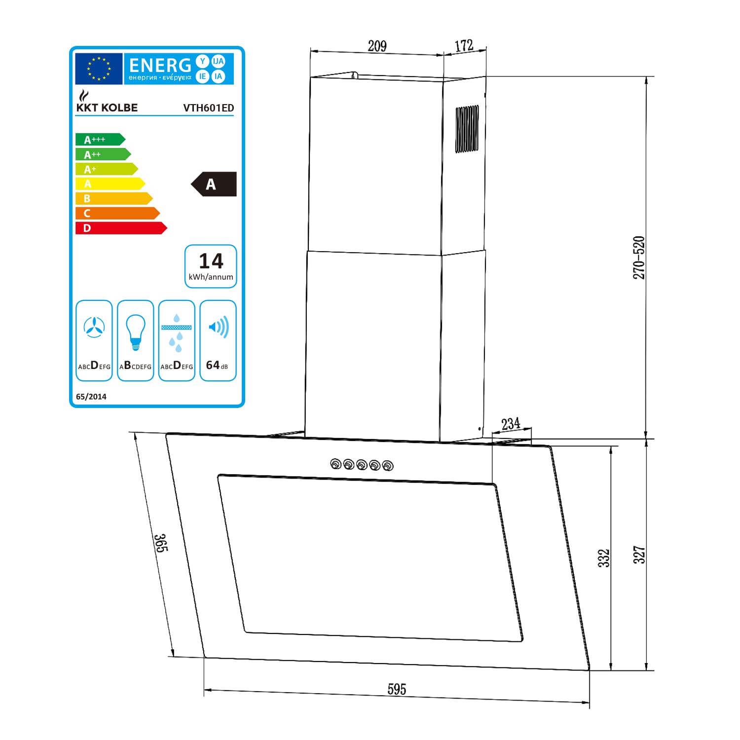 KKT KOLBE Kopffrei-Dunstabzugshaube VTH601ED, 60 cm | Abluft und Umluft, Edelstahl und Glas, schwarz-silber, LED-Beleuchtung, Druckknopf-Bedienung
