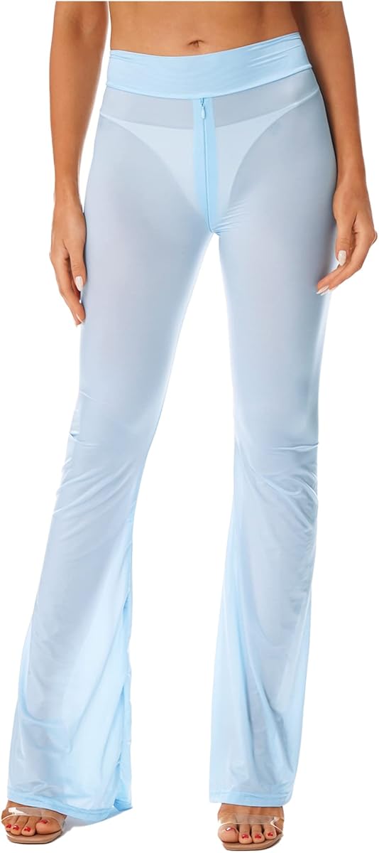 Woman's Sheer See-Through Pants Flare Bell Bottom Mesh Trousers Leggings Rave Dance Clubwear