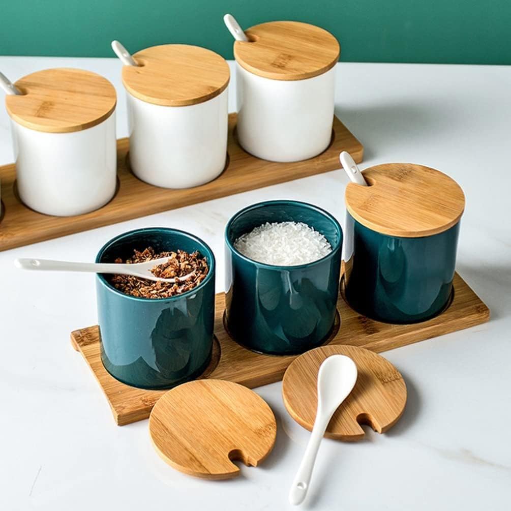 Seasoning Jar Porcelain Condiment Jar Container with Wooden Lids and Spoon Pottery Cruet Pot for Home Kitchen Counter Green Sugar