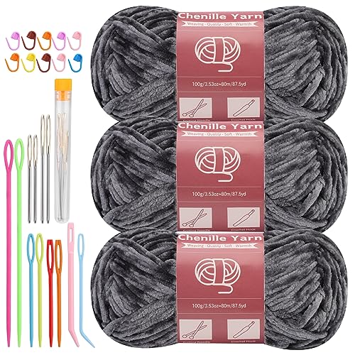 Image of LUNARM Chenille Yarn 3 Pack 3.5oz Chunky Blanket Velvet Yarn 263 Yard | Dark Chunky Chenille Yarn for Beginners Crocheting Hand Knitting Scarves with Big Eye Needles Machine Washable