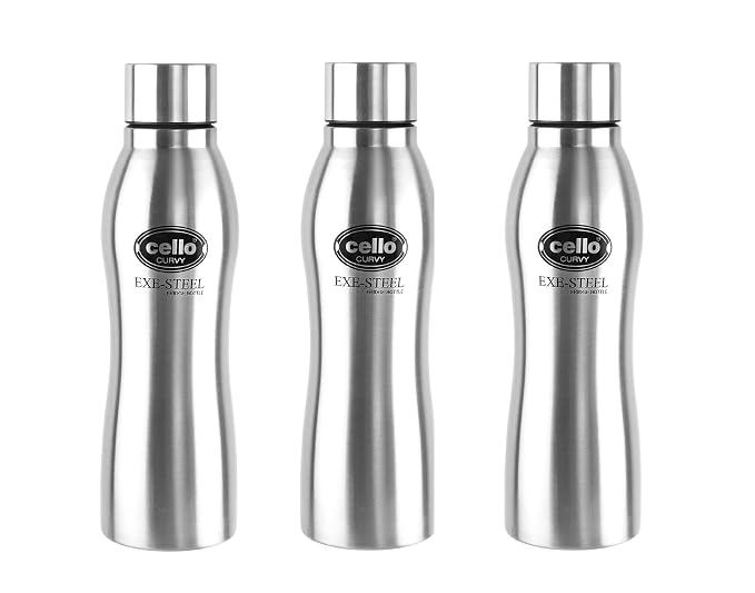 CELLO New Curvy Stainless Steel Water Bottle for Office Set of 3 Pcs 1000ml Silver | Single Wall Freezer & Fridge Safe, Leak Proof Wide Mouth Easy to Clean, One Hand Grip Steel Water Bottle for Travel
