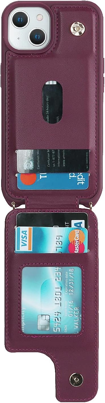 for iPhone 14 Plus Case with Card Holder and Strap for Women,Crossbody Lanyard,Stand Ring Kickstand,Snap Clasp,Phone Wallet Cases 6.7 inch(Wine Red) - Image 6