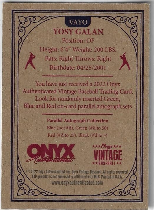 Yosy Galan Onyx Vintage Auto Autographed Collectible Baseball Card - 2022 Onyx Vintage Baseball Card #VAYO (Rangers)