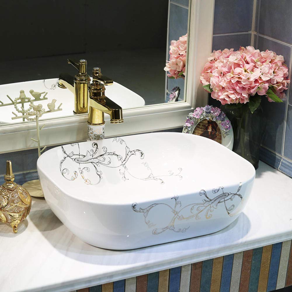 Gljtuo White Bathroom Vessel Sink,Countertop Basin Washbasin Sink Art Countertop Ceramic Bathroom Sink Art Basin Oval
