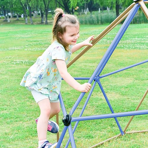 10 FT Climbing Dome with Tent for Kids 3-10, Outdoor Play Equipment Supporting 1000 lbs, Anti-Rust & UV Resistant Steel Jungle Gym, Easy Assembly Geometric Dome Climber Play Center (Blue & Brown)