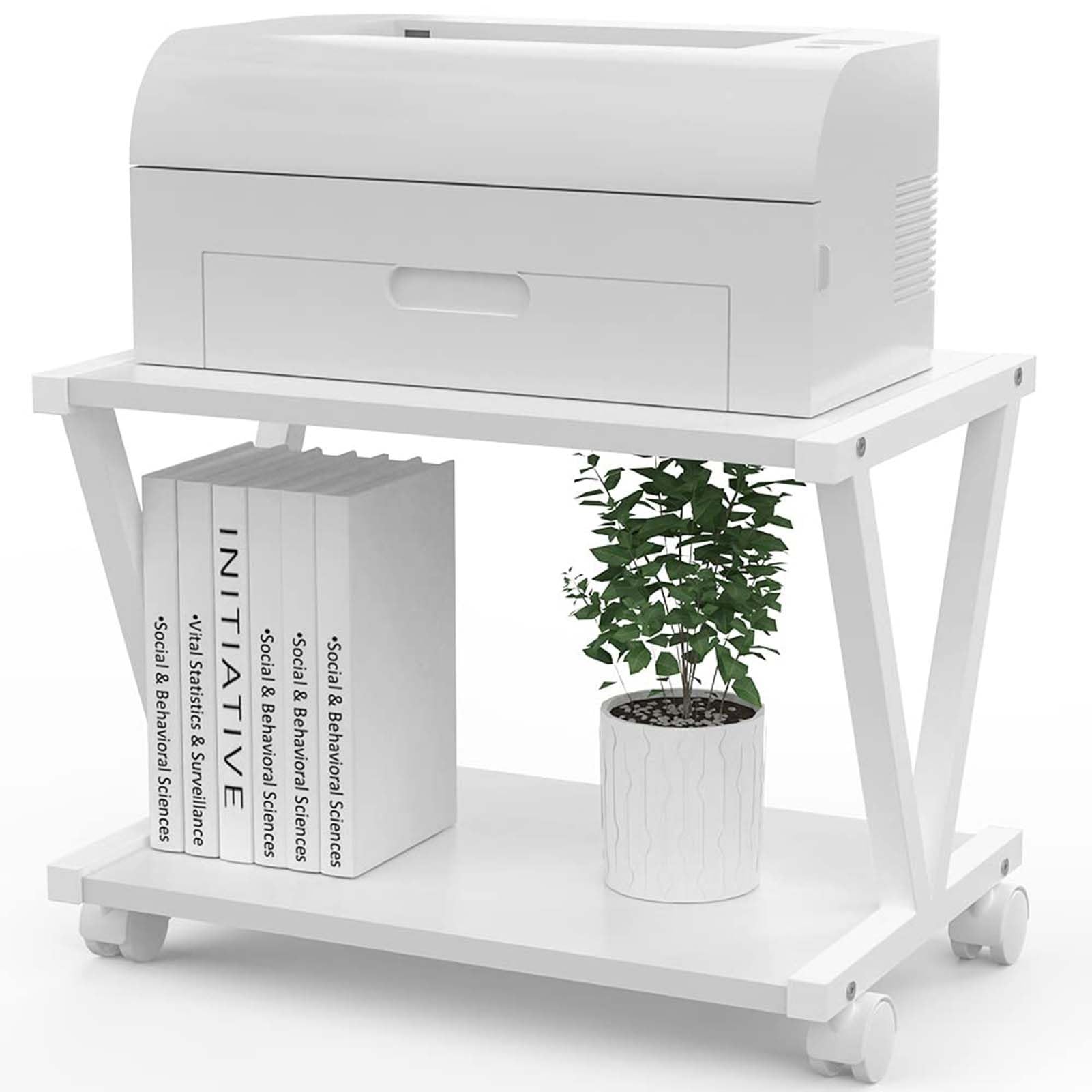 2-Tier Rolling Printer Stand, Modern Office Storage Rack for Home &amp; Desk Organization, Brown Desktop Organizer with Wheels, Ideal for Small Spaces (White)